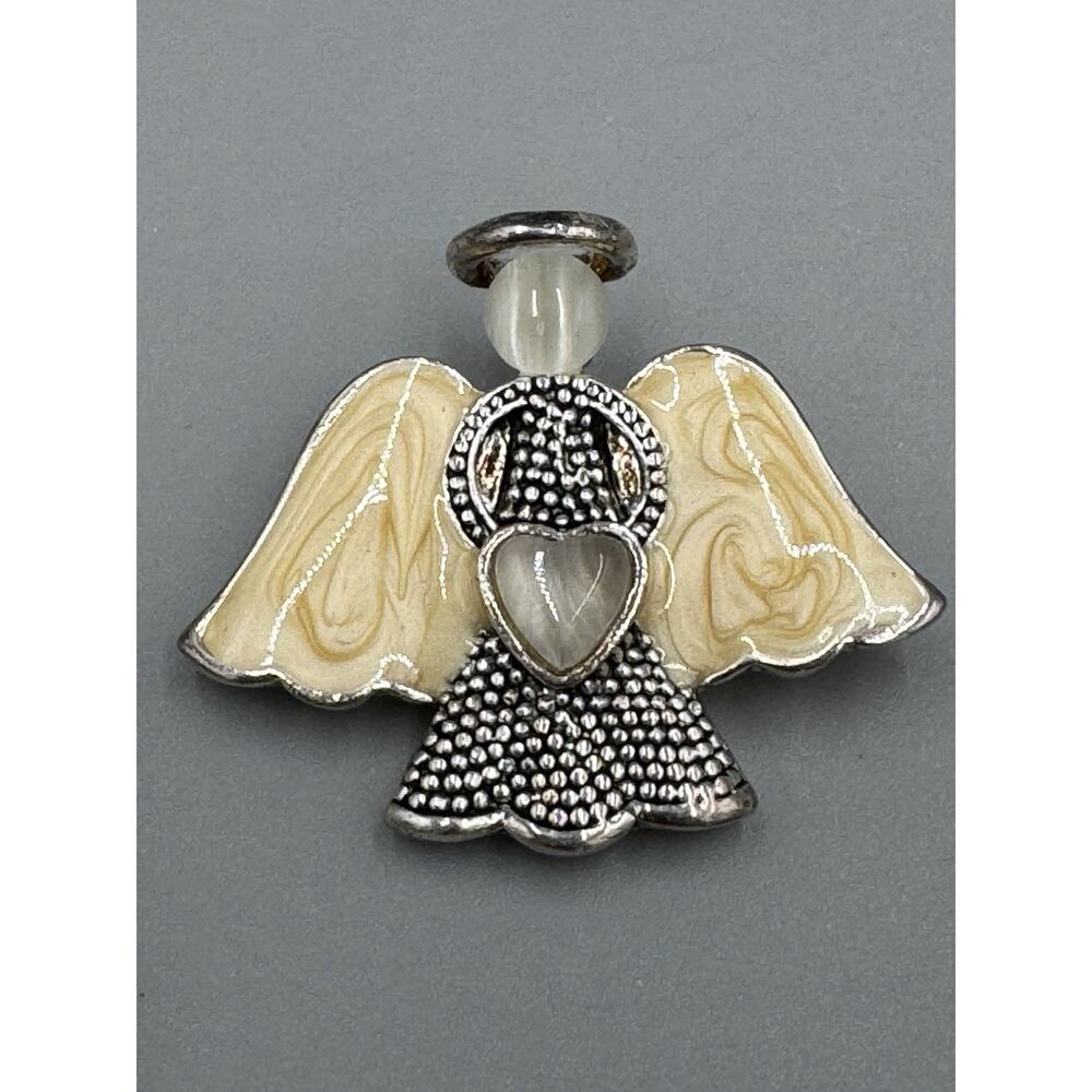 Vintage Guardian Angel W/ Halo & Wings Holding Heart Brooch Lapel Pin